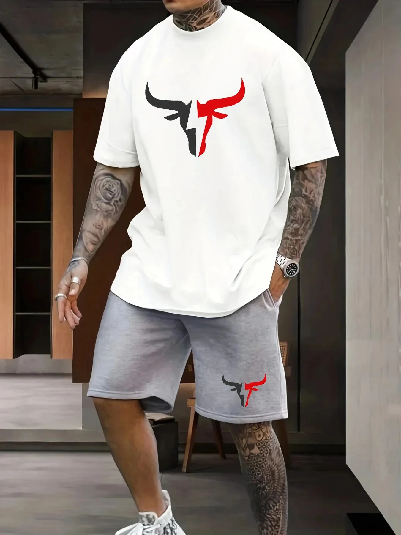100% Cotton Men's Summer Short Sleeved T-shirt Shorts Set