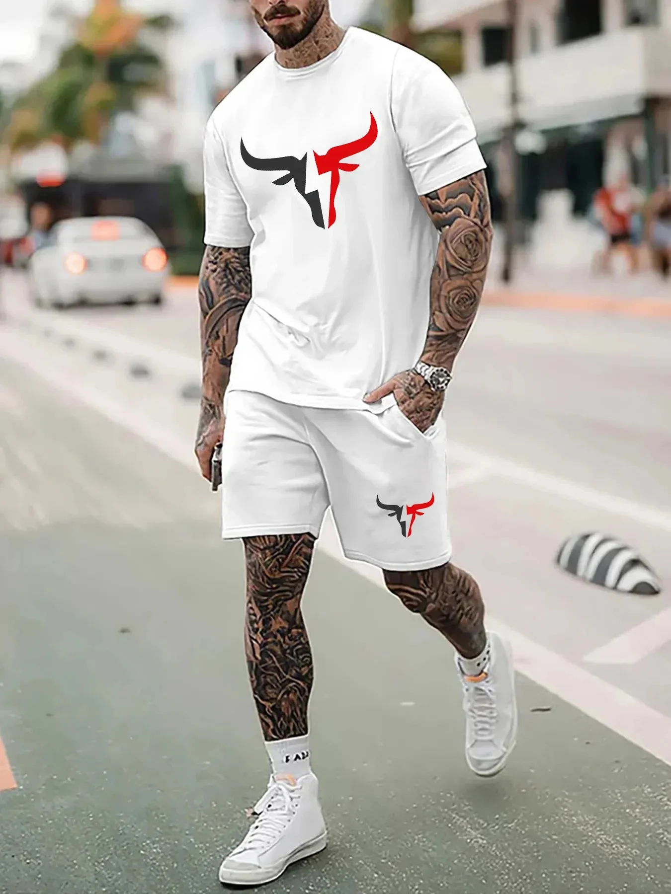 100% Cotton Men's Summer Short Sleeved T-shirt Shorts Set