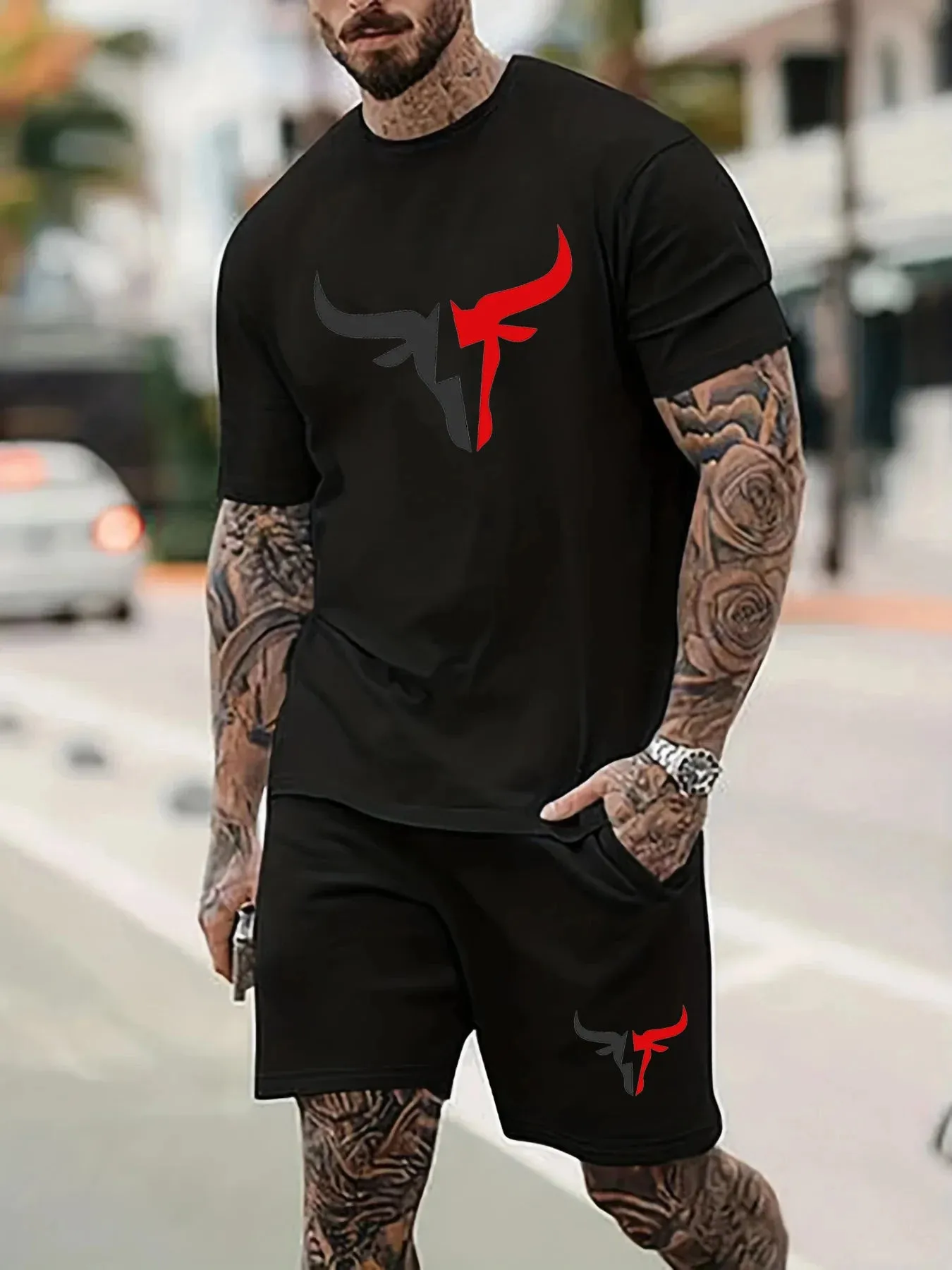 100% Cotton Men's Summer Short Sleeved T-shirt Shorts Set