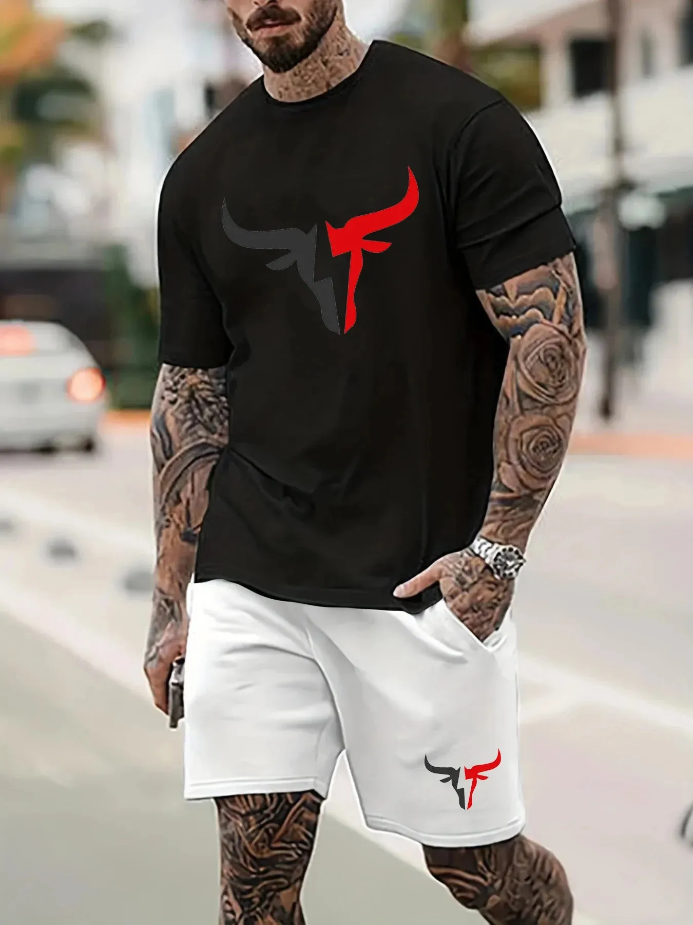 100% Cotton Men's Summer Short Sleeved T-shirt Shorts Set