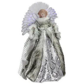 16" Angel In Silver Gingham Coat Lighted Fiber Optic Christmas Tree Topper