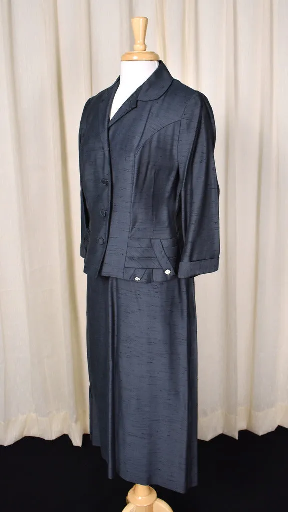 1950s Vintage Silk Navy Skirt Suit