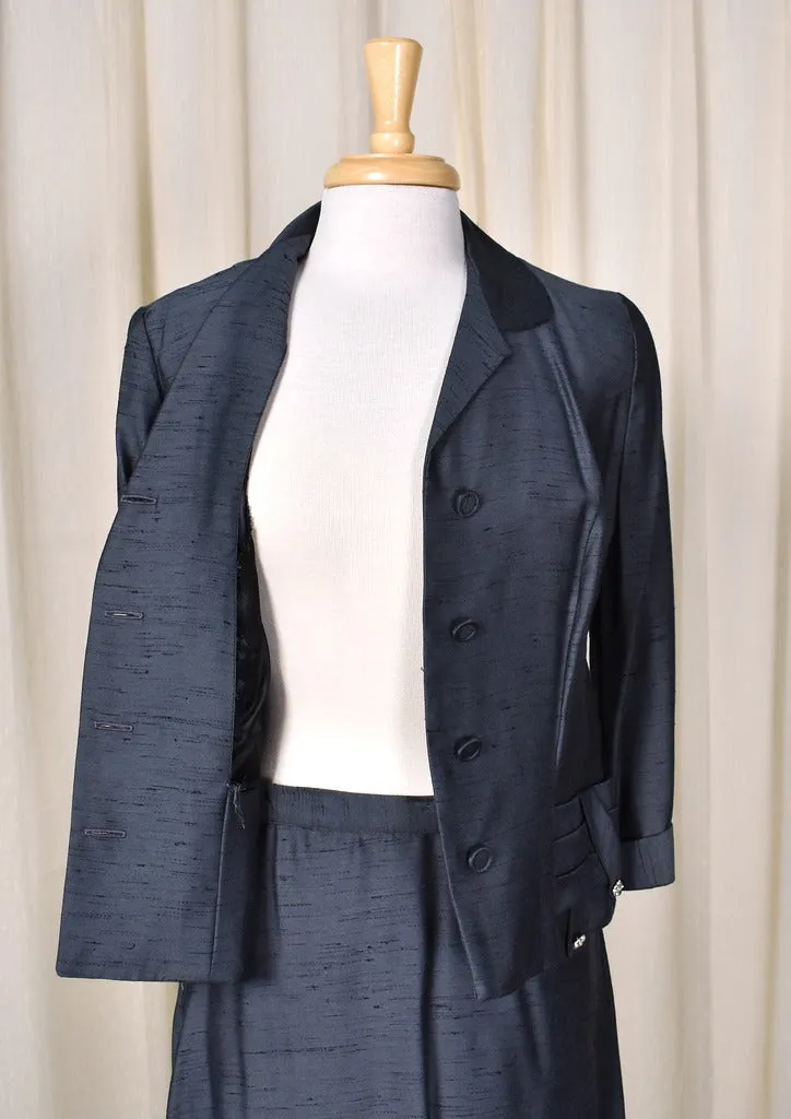 1950s Vintage Silk Navy Skirt Suit