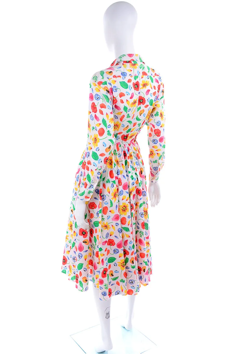 1990s Kenzo Paris Colorful Cotton Floral Print Long Sleeve Dress