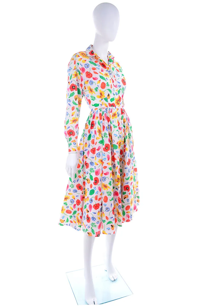 1990s Kenzo Paris Colorful Cotton Floral Print Long Sleeve Dress
