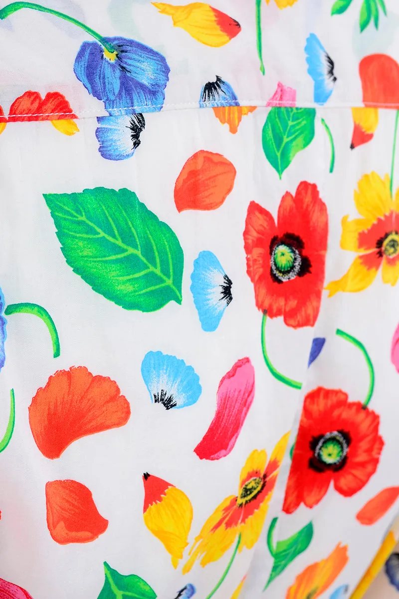 1990s Kenzo Paris Colorful Cotton Floral Print Long Sleeve Dress