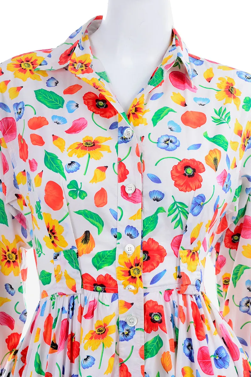 1990s Kenzo Paris Colorful Cotton Floral Print Long Sleeve Dress