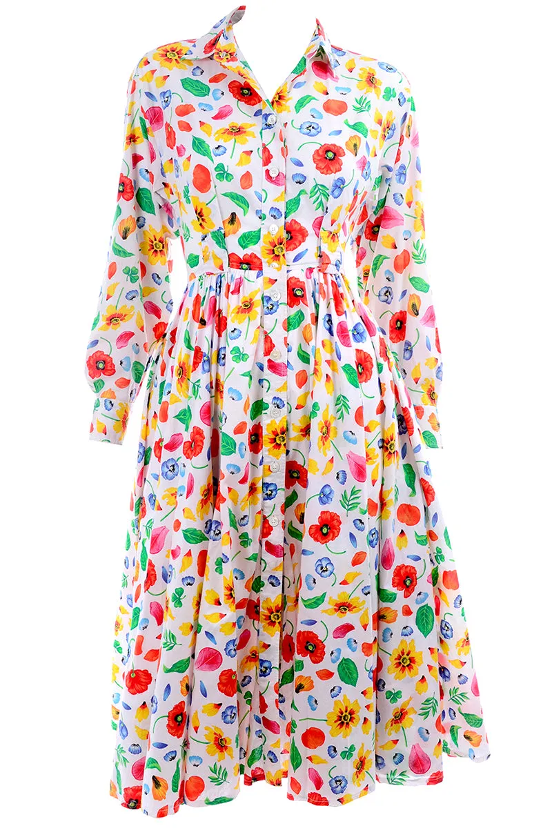 1990s Kenzo Paris Colorful Cotton Floral Print Long Sleeve Dress