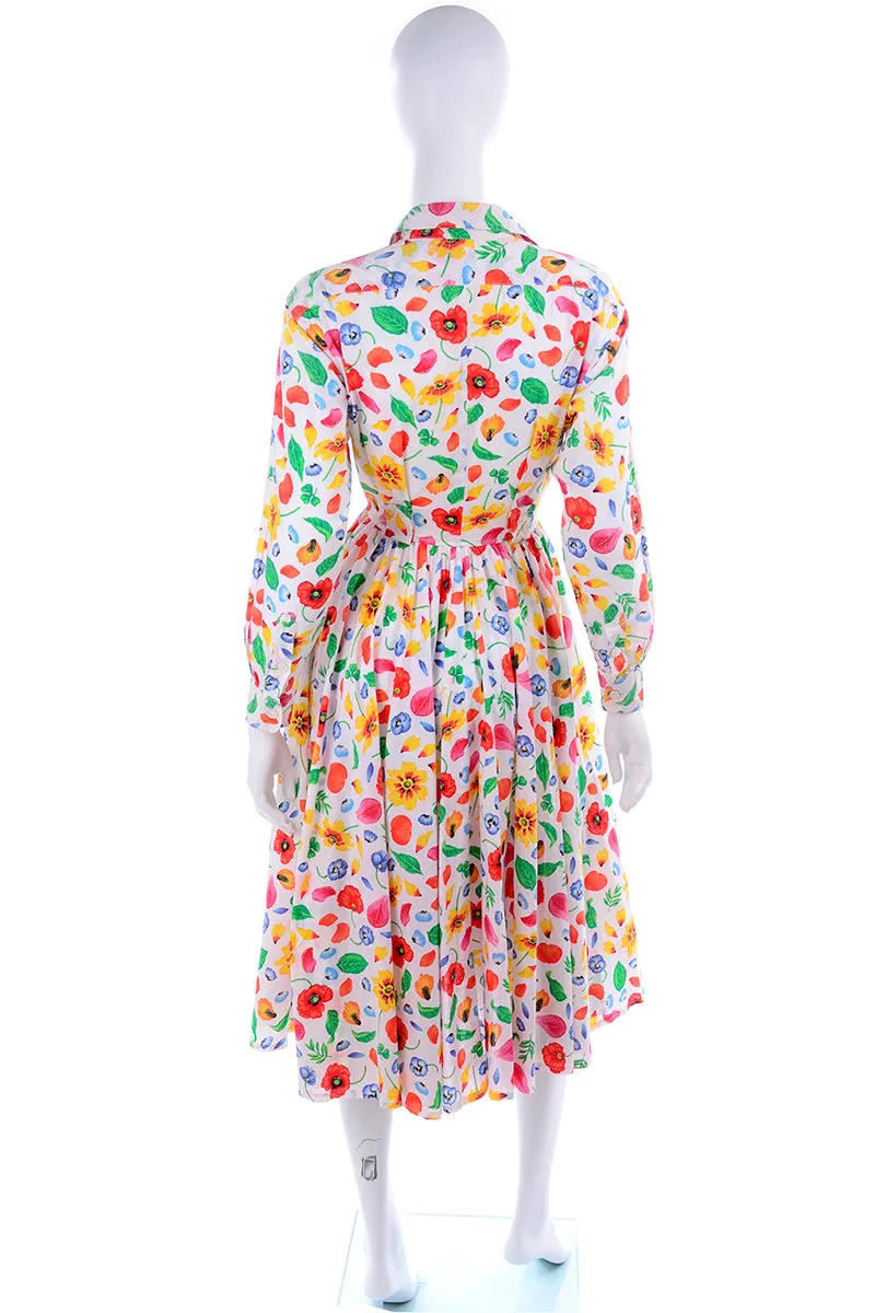 1990s Kenzo Paris Colorful Cotton Floral Print Long Sleeve Dress
