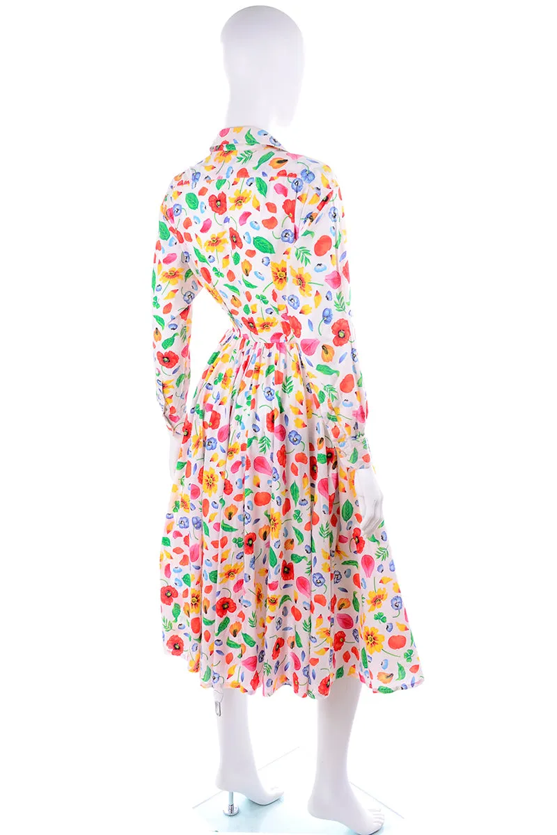 1990s Kenzo Paris Colorful Cotton Floral Print Long Sleeve Dress
