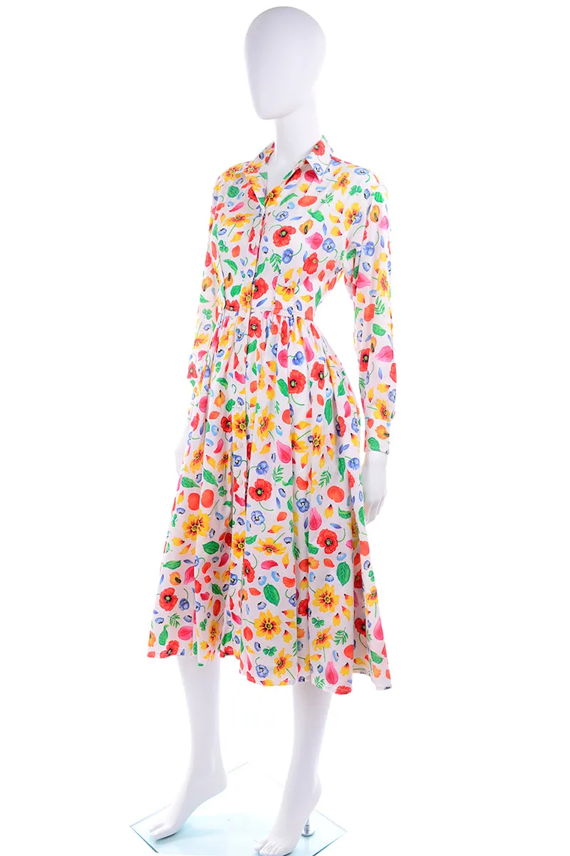 1990s Kenzo Paris Colorful Cotton Floral Print Long Sleeve Dress