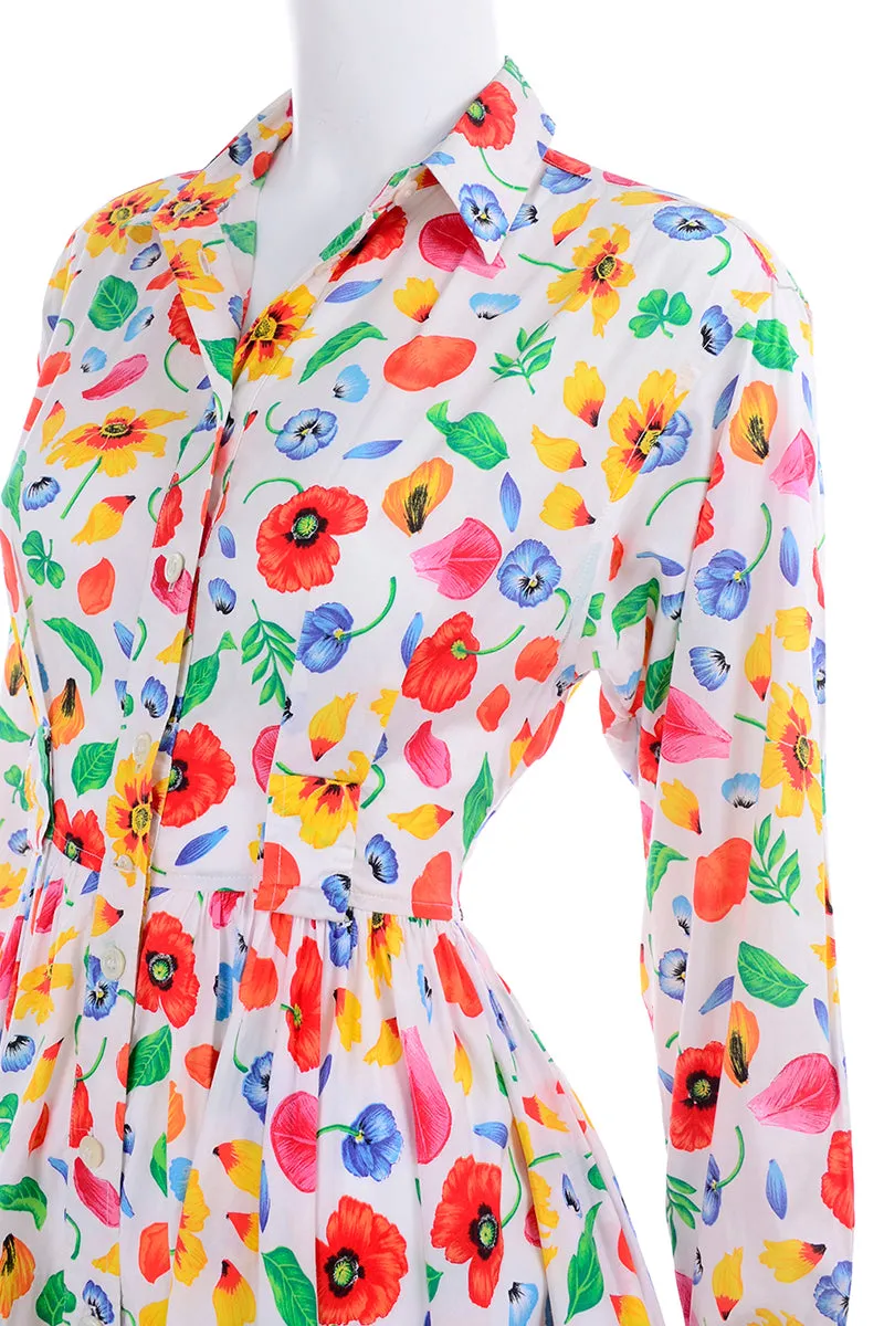 1990s Kenzo Paris Colorful Cotton Floral Print Long Sleeve Dress