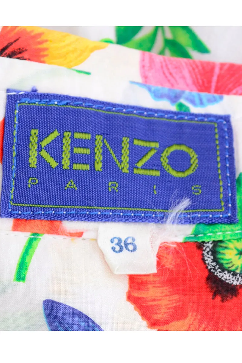 1990s Kenzo Paris Colorful Cotton Floral Print Long Sleeve Dress