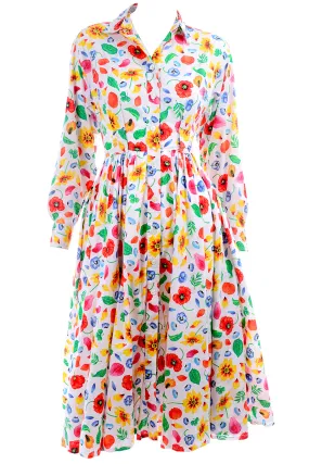 1990s Kenzo Paris Colorful Cotton Floral Print Long Sleeve Dress