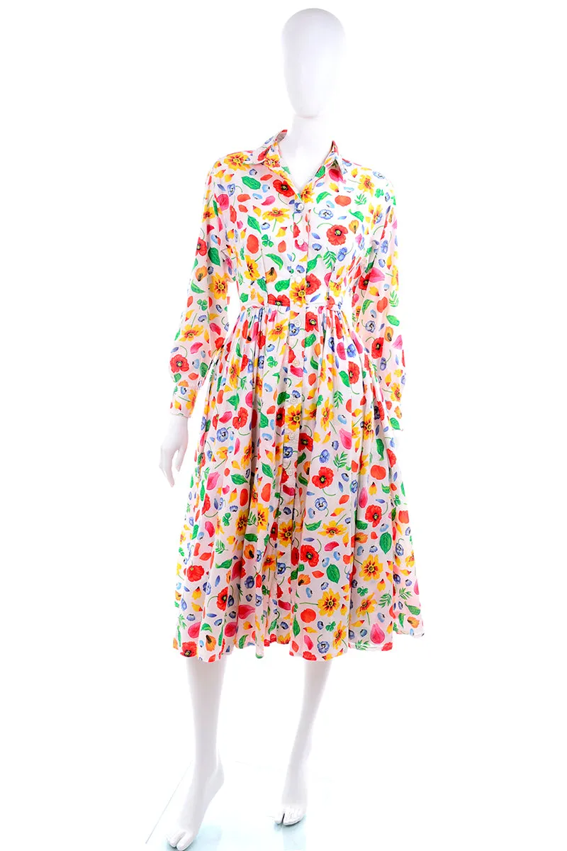 1990s Kenzo Paris Colorful Cotton Floral Print Long Sleeve Dress