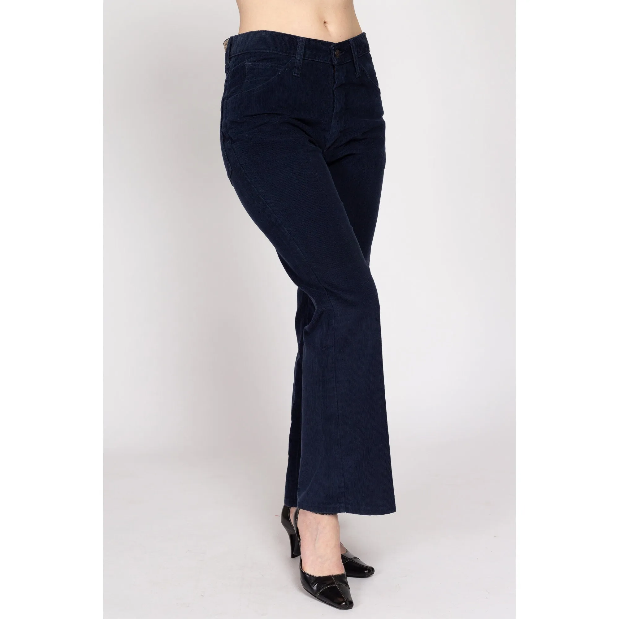 32" Waist 70s Navy Blue Corduroy Flared Pants Unisex