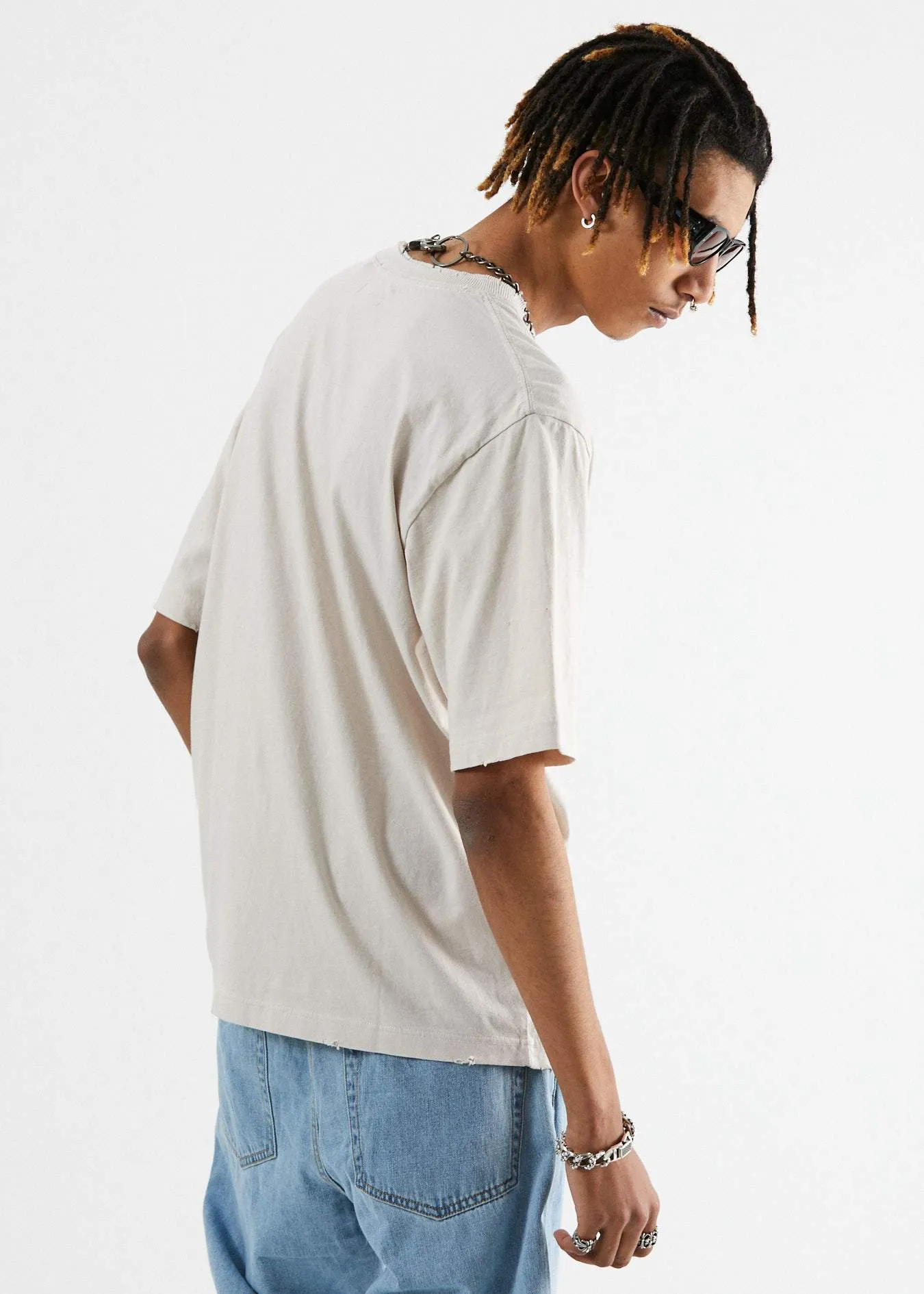 Afends Mens Shots Fired - Oversized Retro Fit Tee - Moonbeam