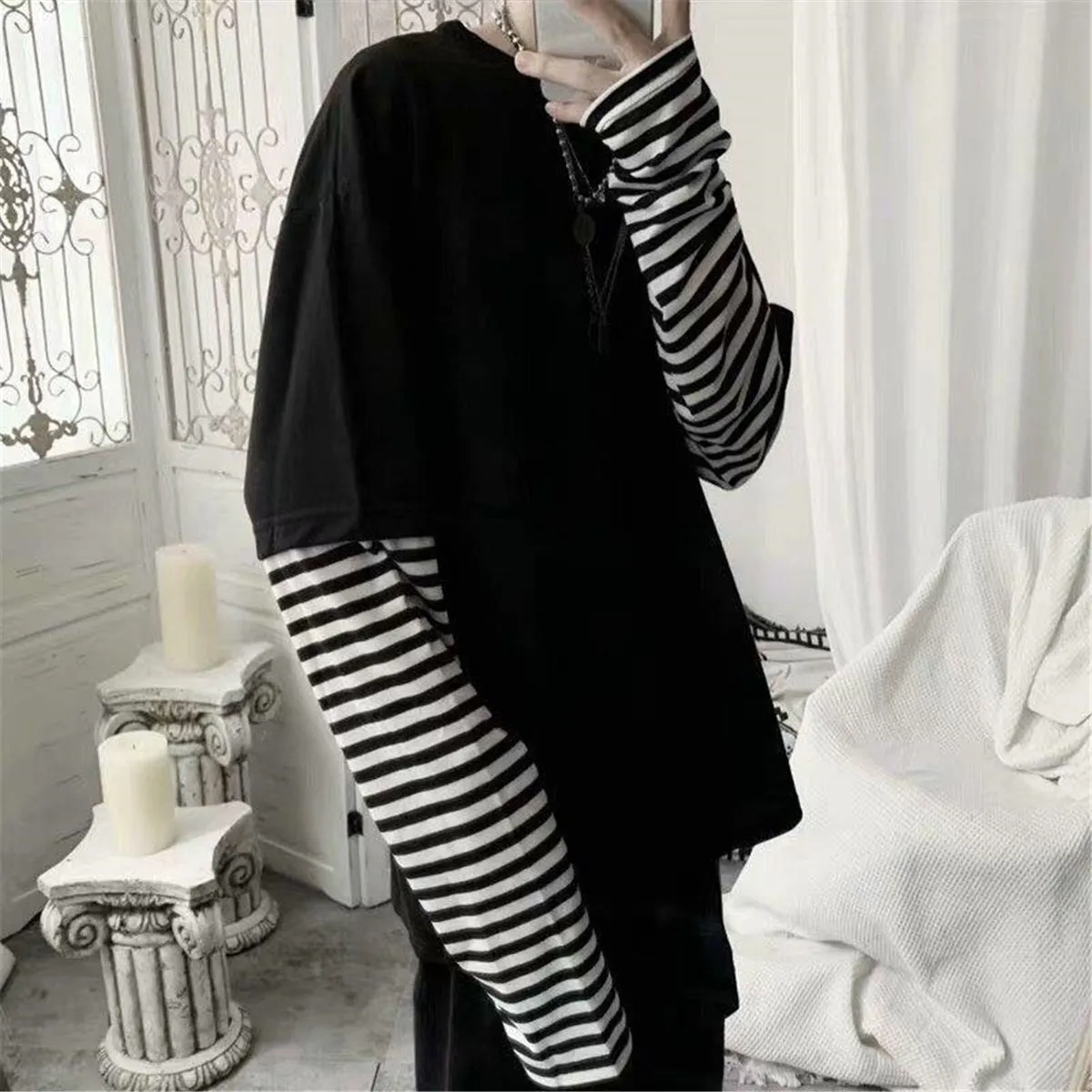 Aidase Cool Striped Patchwork T-Shirt Men Autumn Oversize Tops Boys Solid Long Sleeve T Shirt Fashion Japanese Gothic Japan T Shirt