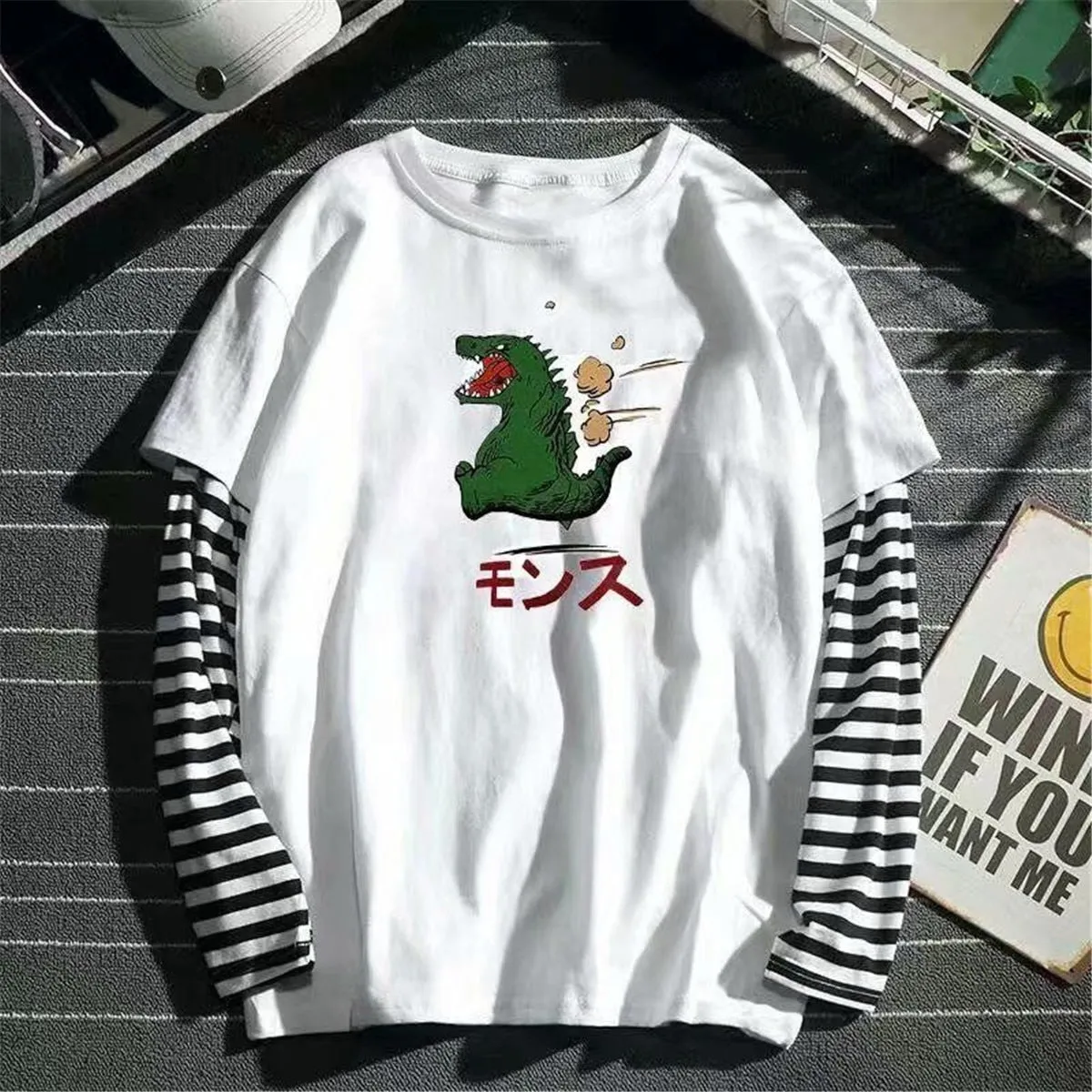 Aidase Cool Striped Patchwork T-Shirt Men Autumn Oversize Tops Boys Solid Long Sleeve T Shirt Fashion Japanese Gothic Japan T Shirt