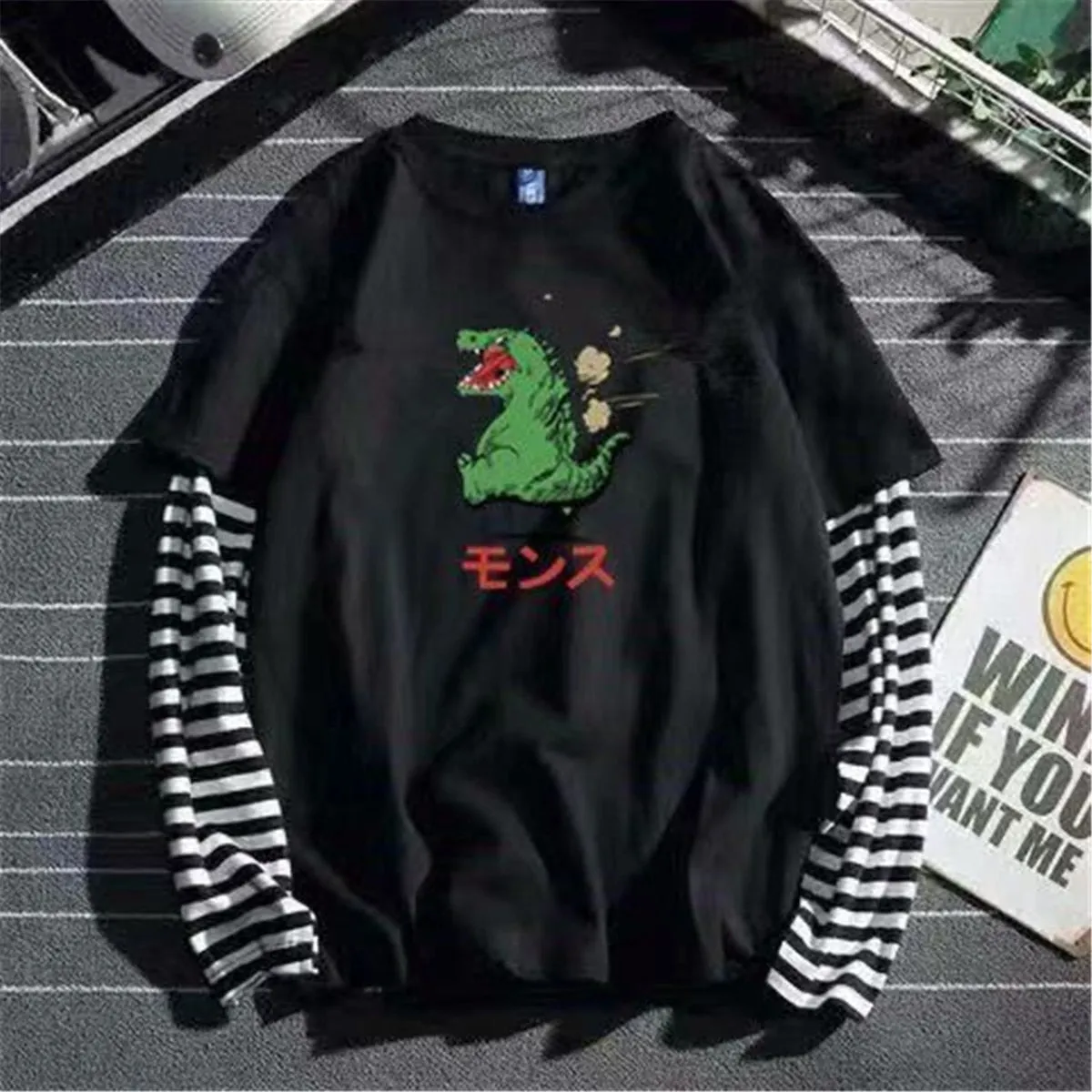 Aidase Cool Striped Patchwork T-Shirt Men Autumn Oversize Tops Boys Solid Long Sleeve T Shirt Fashion Japanese Gothic Japan T Shirt