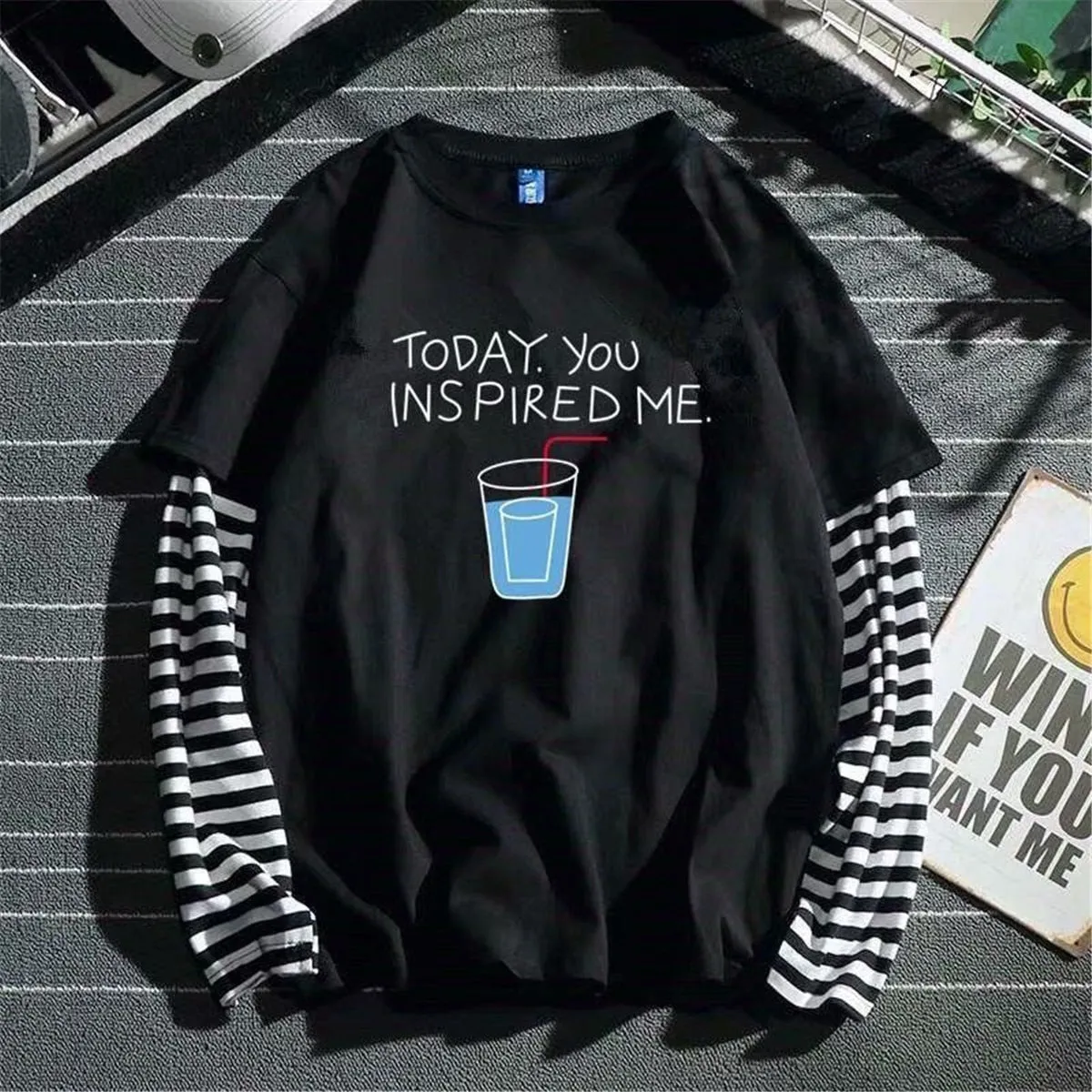Aidase Cool Striped Patchwork T-Shirt Men Autumn Oversize Tops Boys Solid Long Sleeve T Shirt Fashion Japanese Gothic Japan T Shirt