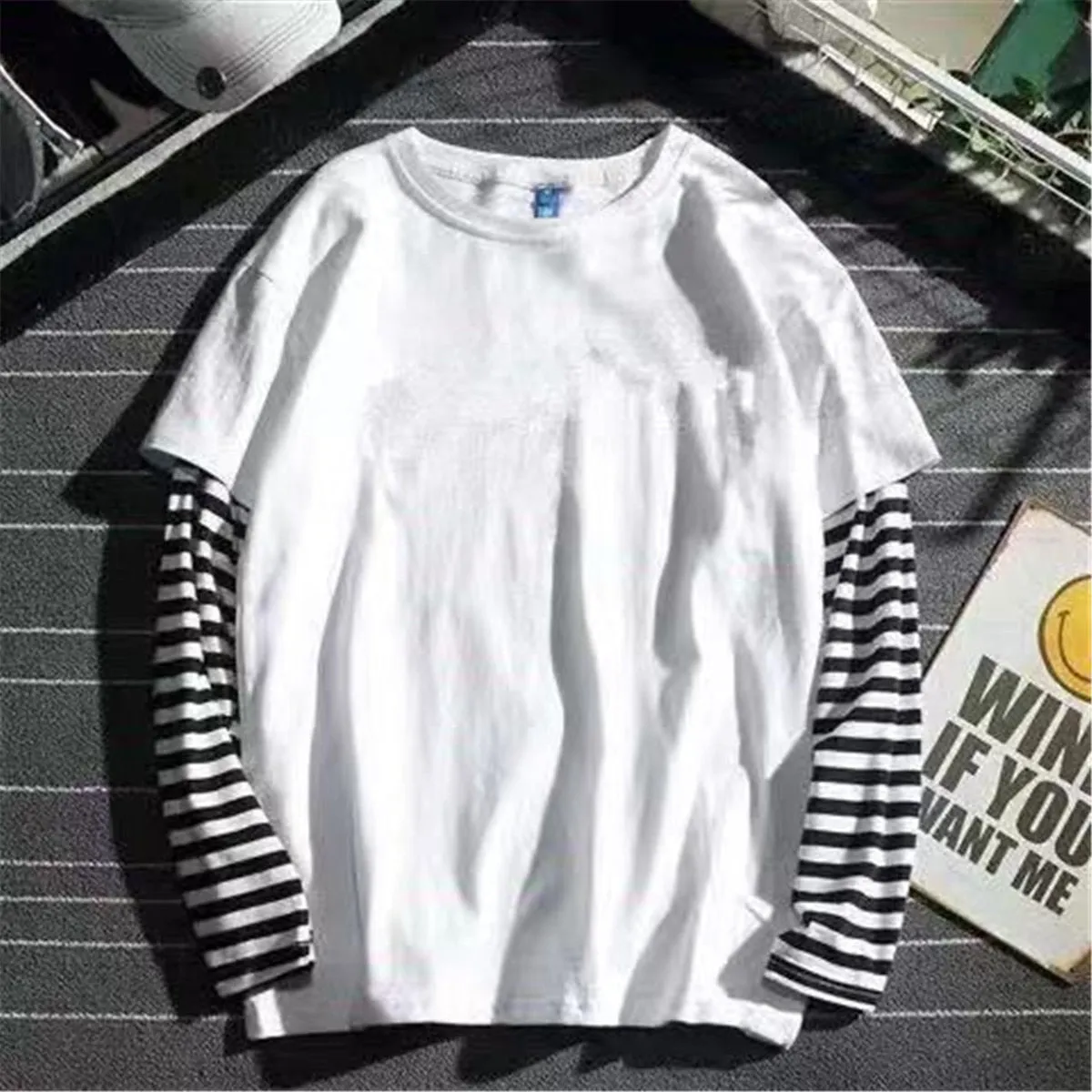 Aidase Cool Striped Patchwork T-Shirt Men Autumn Oversize Tops Boys Solid Long Sleeve T Shirt Fashion Japanese Gothic Japan T Shirt