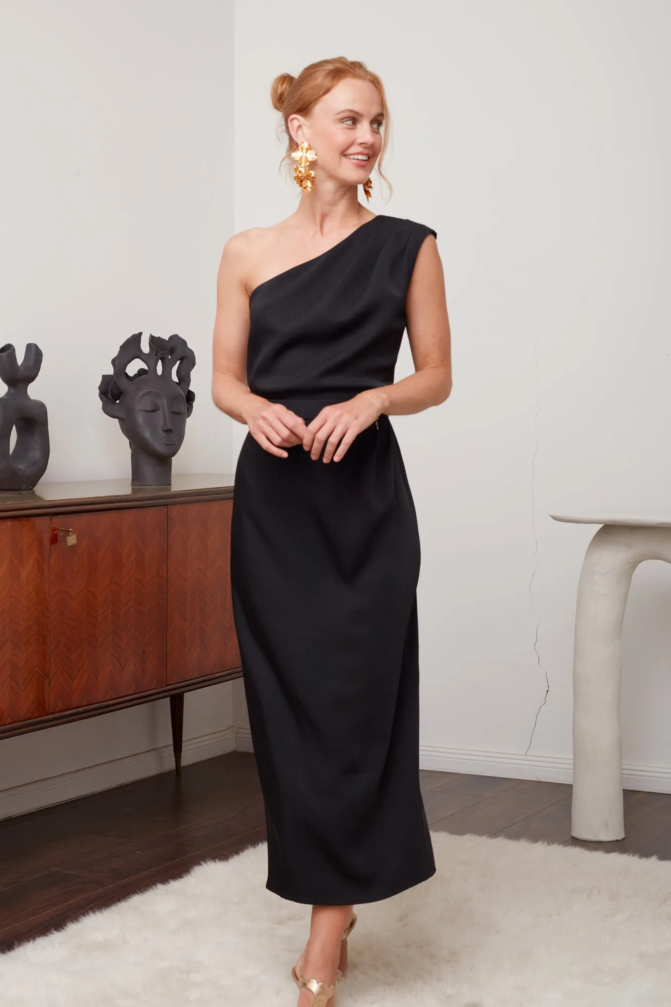 AISHA black one shoulder midi cocktail dress