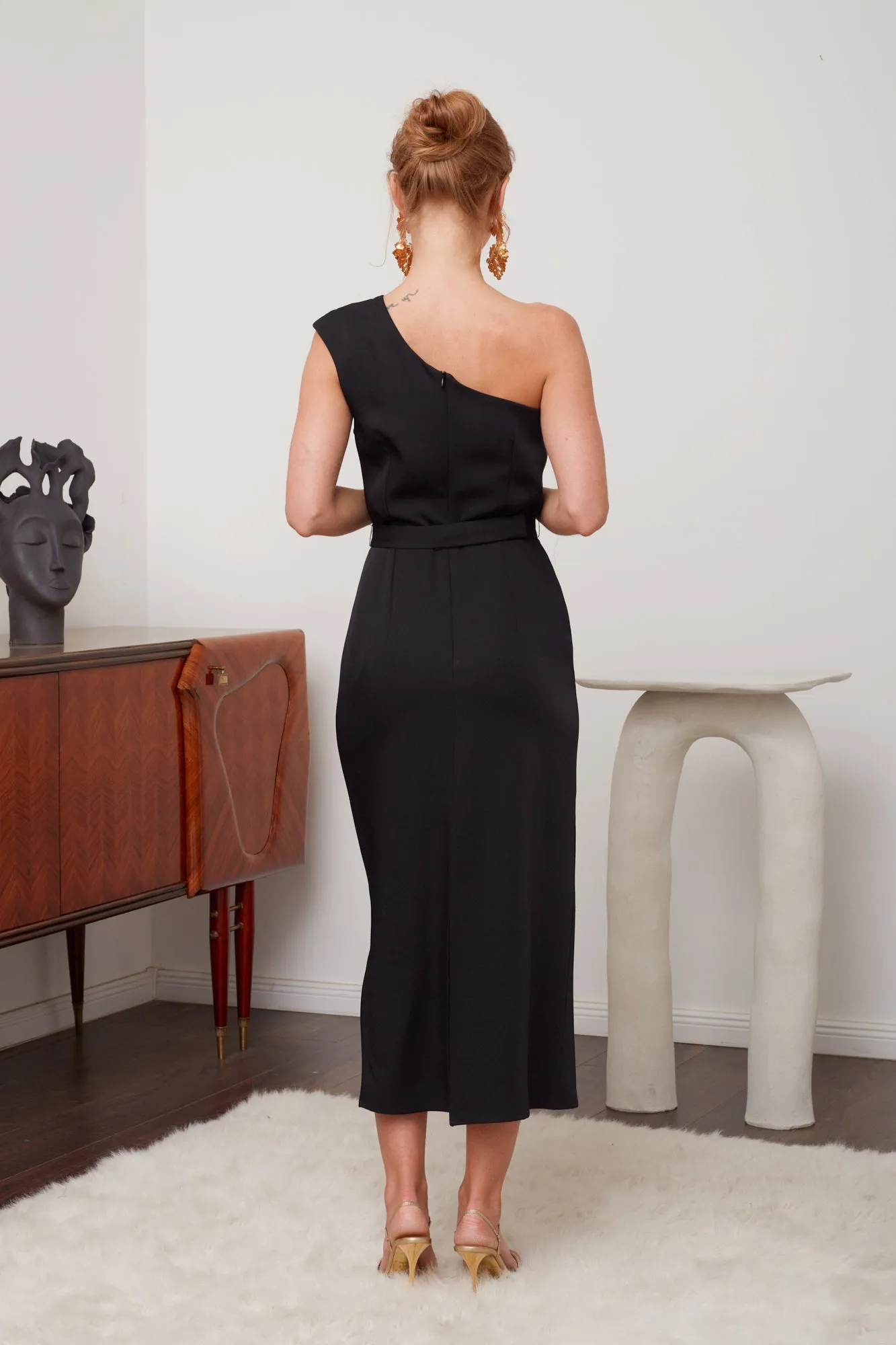 AISHA black one shoulder midi cocktail dress