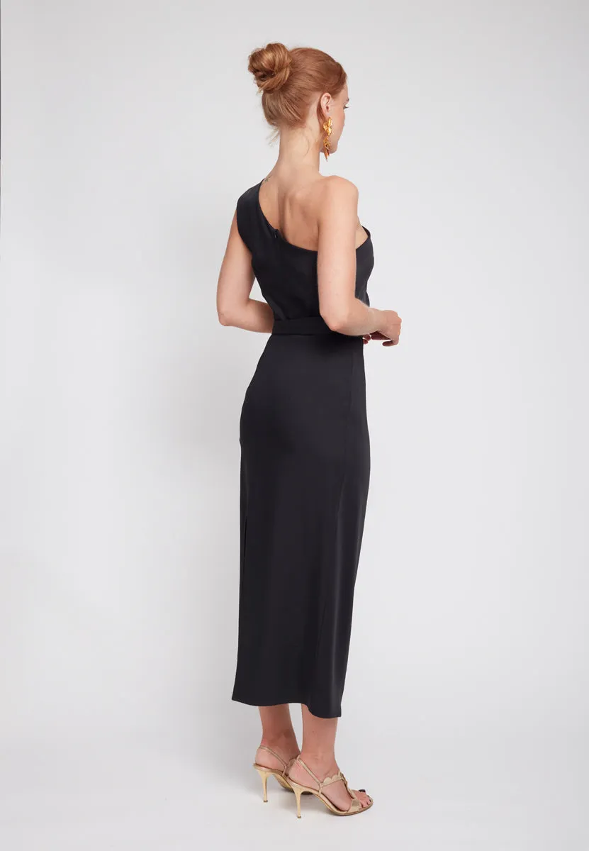 AISHA black one shoulder midi cocktail dress