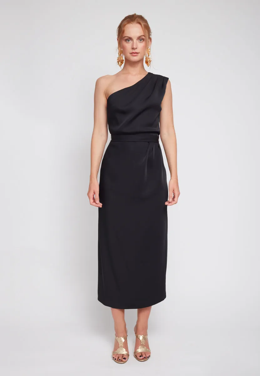 AISHA black one shoulder midi cocktail dress