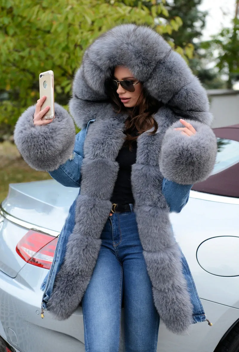 Aofur Womens Winter Women Thicken Denim Warm Coat Hood Parka Long Jacket Outwear Peacoat
