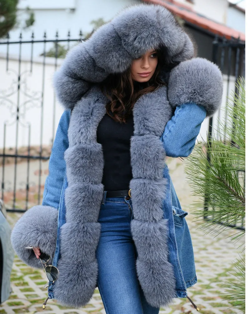 Aofur Womens Winter Women Thicken Denim Warm Coat Hood Parka Long Jacket Outwear Peacoat