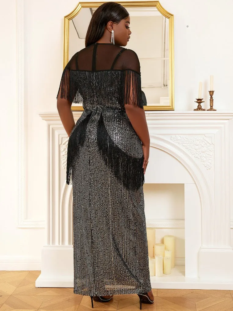 AOMEI See Through Sequin Tassel Prom Dresses