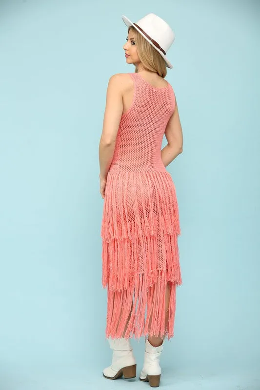 Apricot Knit Layered Fringe Long Dress