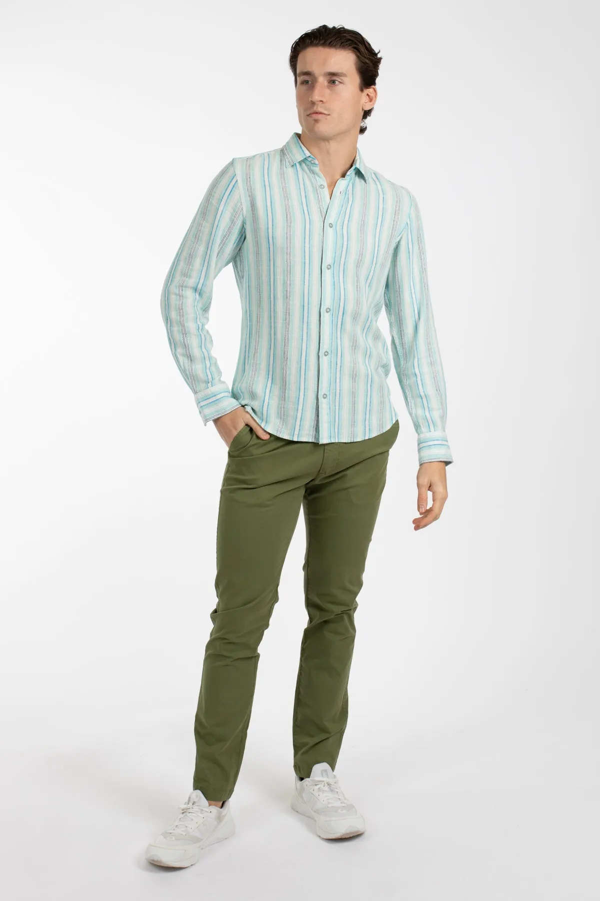 Aqua Variegated Stripe Linen Shirt