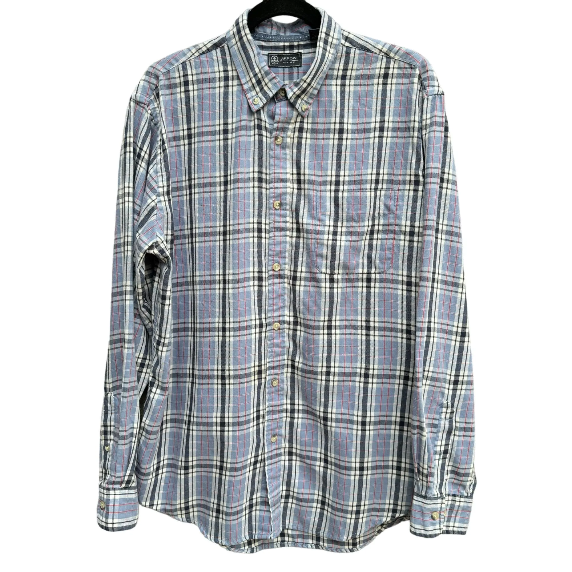 Arrow Mens Button-Down Blue Long Sleeve Plaid Flannel Outdoor Dad Shirt Medium
