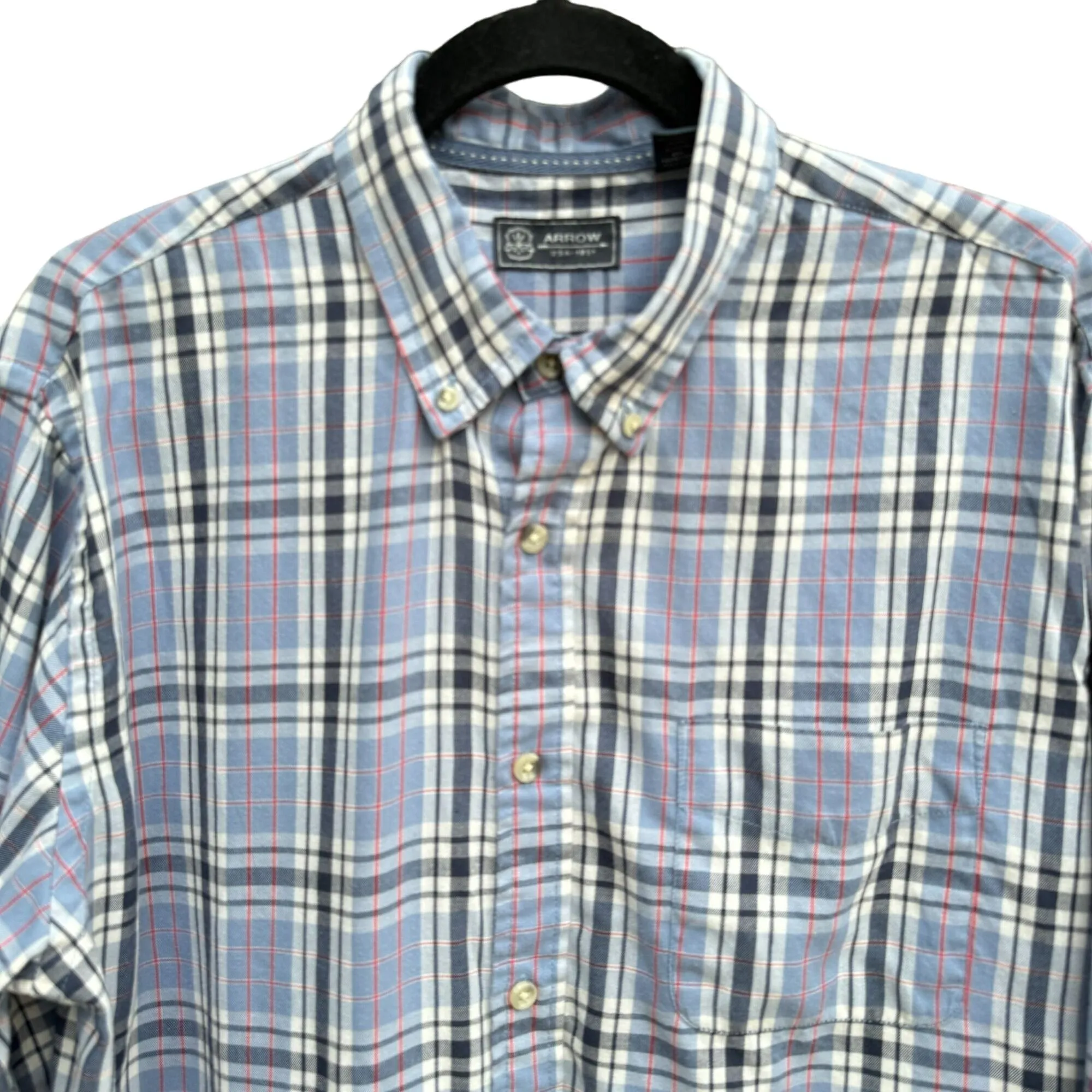 Arrow Mens Button-Down Blue Long Sleeve Plaid Flannel Outdoor Dad Shirt Medium