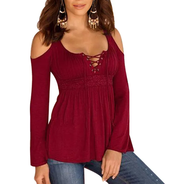 Autumn Off Shoulder Bandage Long Sleeve Plus Size Shirt