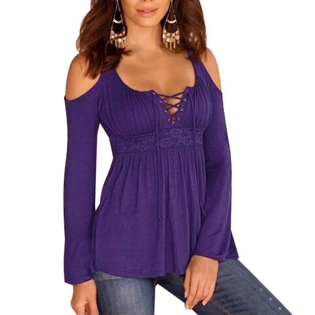 Autumn Off Shoulder Bandage Long Sleeve Plus Size Shirt