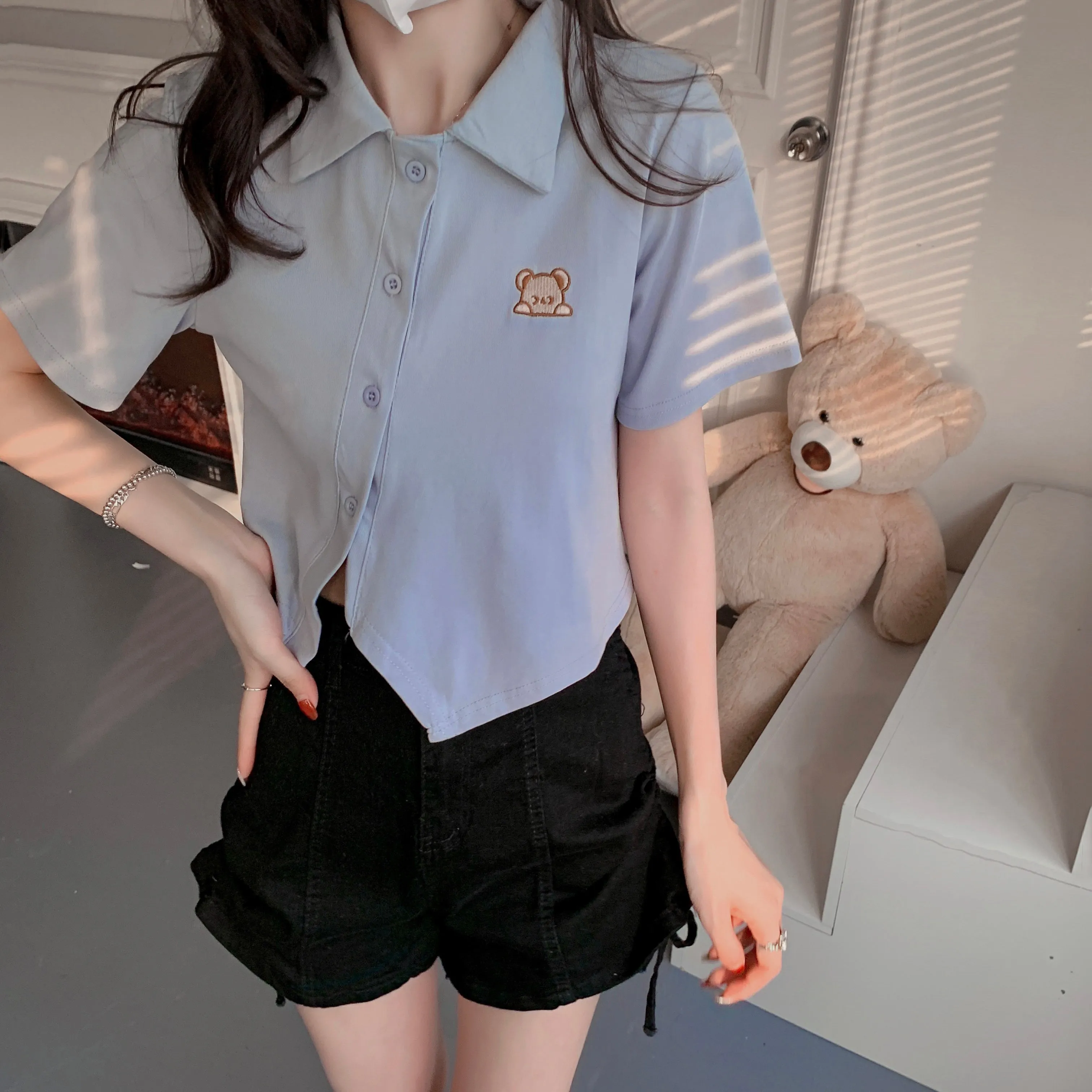 Bear Embroidery Crop Top Polo Collar T-Shirt