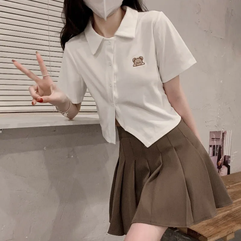 Bear Embroidery Crop Top Polo Collar T-Shirt