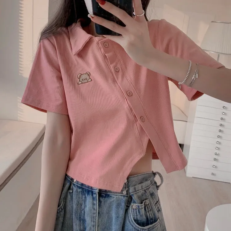 Bear Embroidery Crop Top Polo Collar T-Shirt