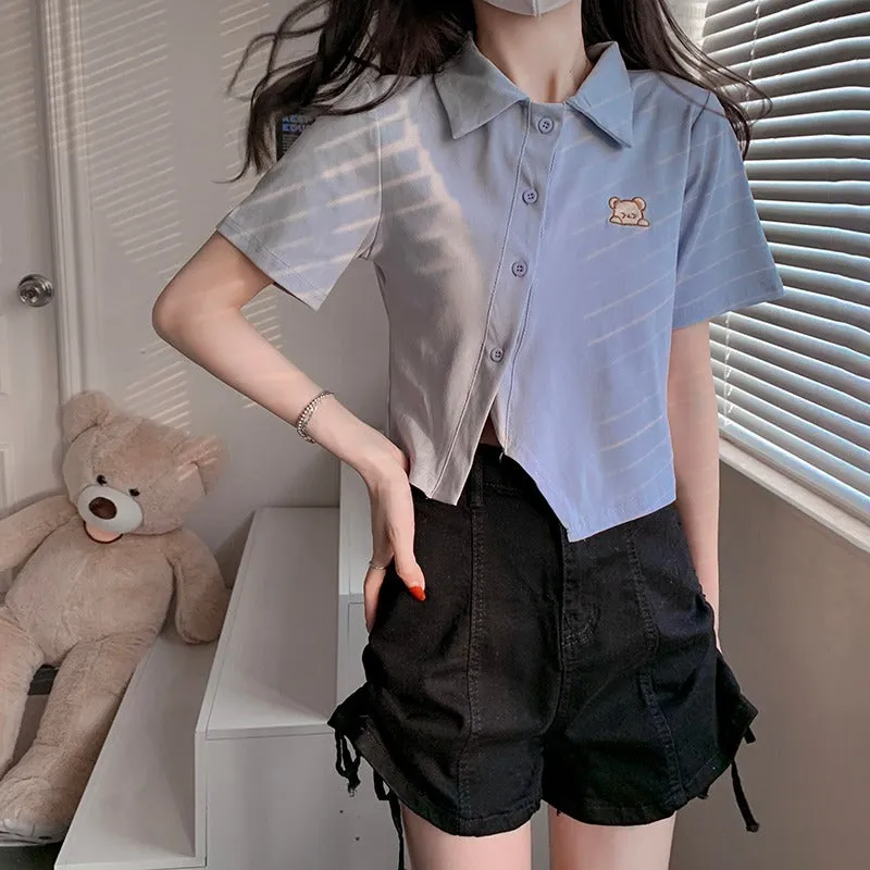 Bear Embroidery Crop Top Polo Collar T-Shirt