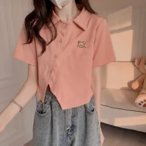 Bear Embroidery Crop Top Polo Collar T-Shirt