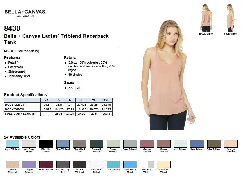 Bella Ladies Triblend Racerback Tank
