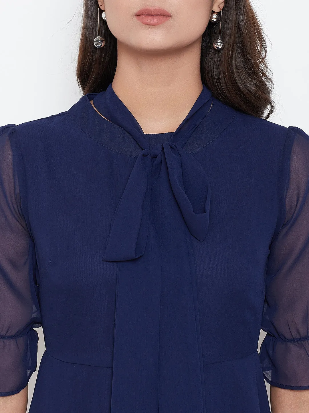 Berrylush Women Solid Navy Blue Elasticated Sleeve Tie-Knot Mini Dress