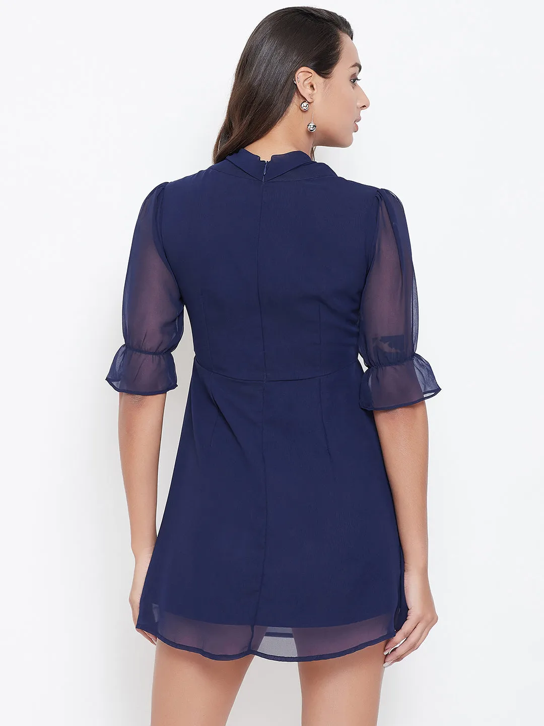 Berrylush Women Solid Navy Blue Elasticated Sleeve Tie-Knot Mini Dress