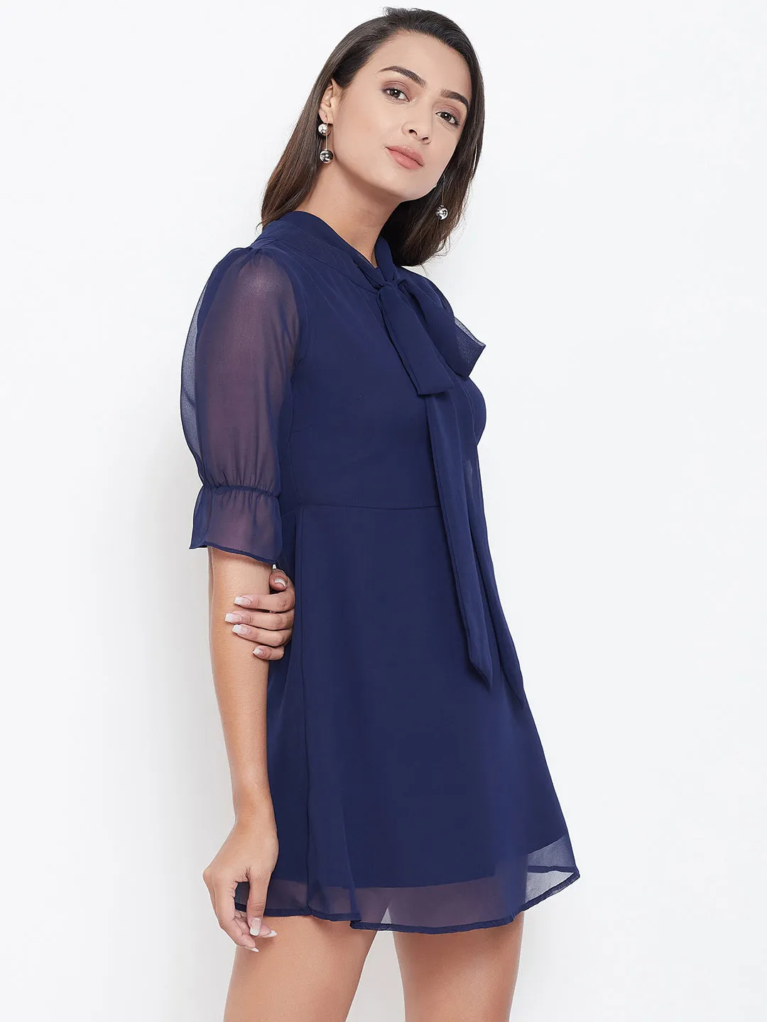 Berrylush Women Solid Navy Blue Elasticated Sleeve Tie-Knot Mini Dress