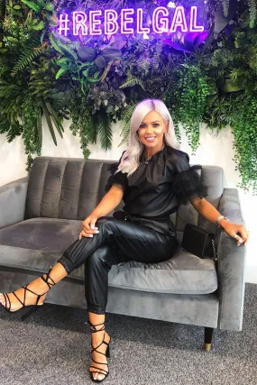 Black Faux Leather Organza Frill T-shirt - Maegan