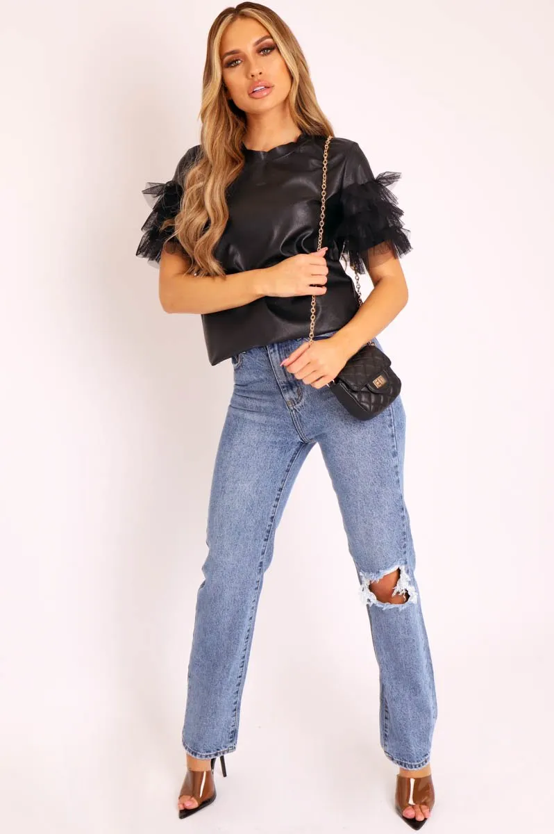 Black Faux Leather Organza Frill T-shirt - Maegan